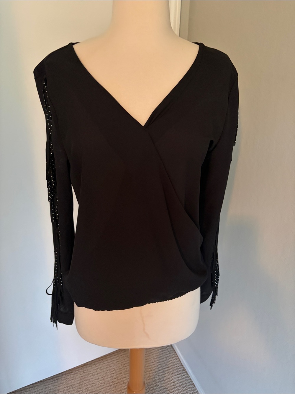 INC International Concepts Black V-Neck Long-Sleeve Draped Top with Fringe